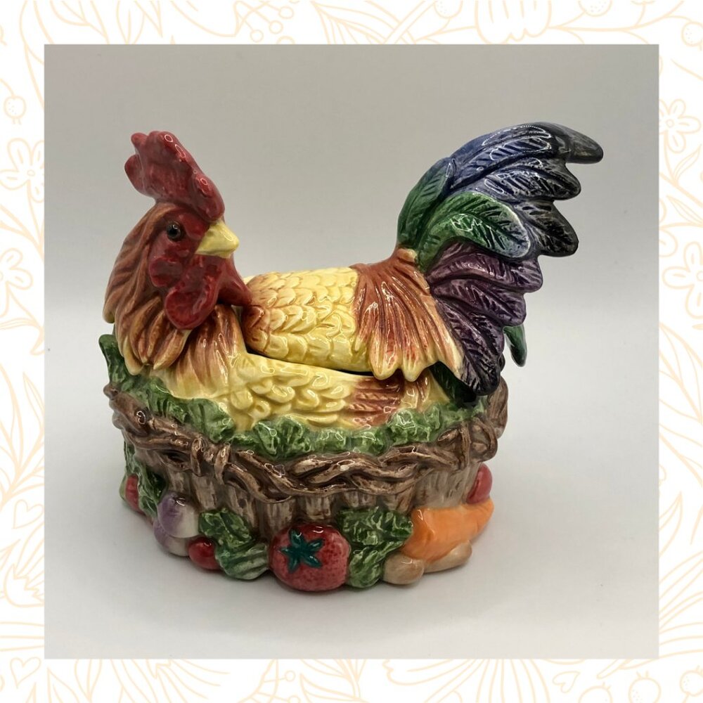Vintage Fitz & Floyd Rooster Figural Sugar Bowl with Lid and Spoon
